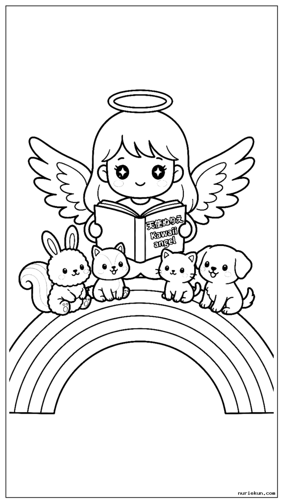 虹の上の小動物に絵本を読むかわいい天使