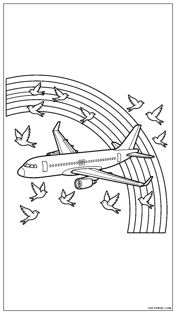 虹の中を飛ぶ旅客機と鳥が横を追う