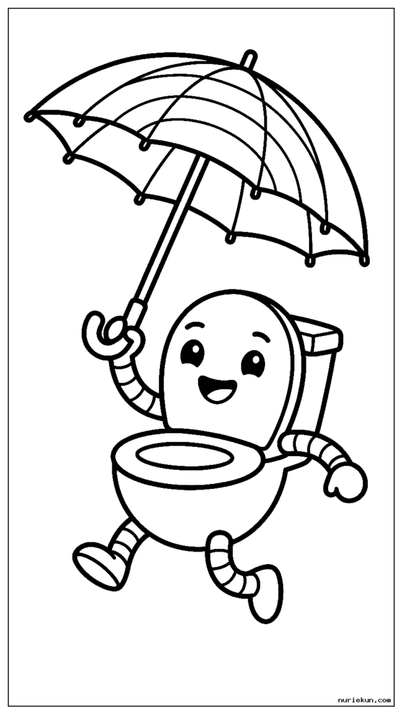 虹の傘を持って踊るかわいいスキビディトイレのキャラクター