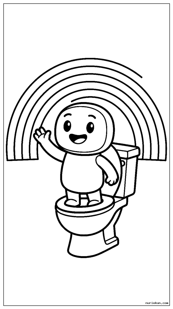 虹の前に立って手を振って挨拶するスキビディのトイレのキャラクター