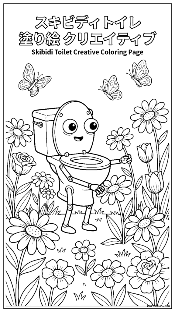 蝶のいる庭で花を摘むスキビディのトイレのキャラクター