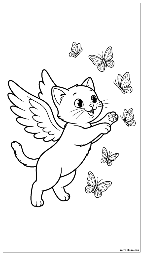 蝶を追いかける遊び心のある子猫が身に着けているかわいい天使の羽