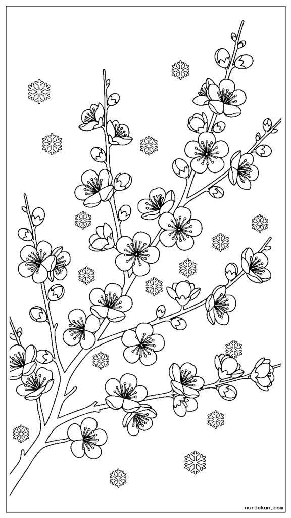 裸の枝に梅の花が咲き、雪の結晶が降る