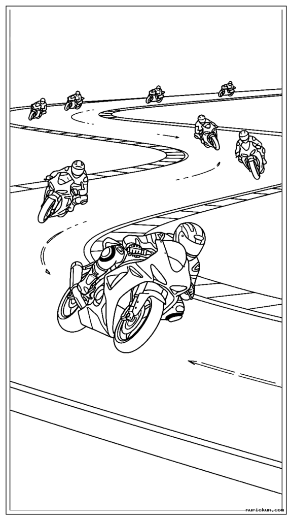 複数のバイクを背景にシケインを通過するオートバイ レーサー