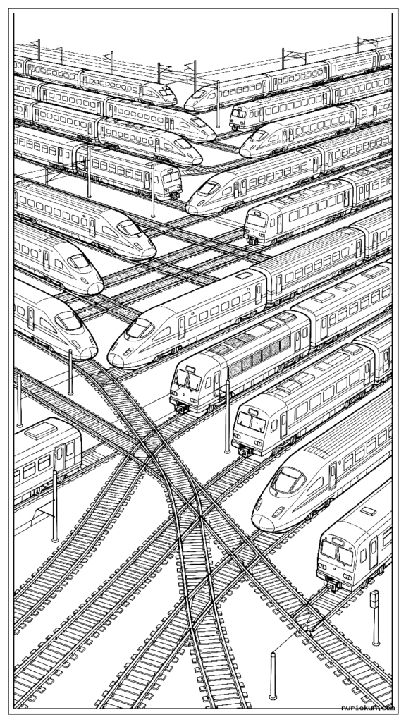 複数の列車と複雑な線路開閉器を備えた詳細な鉄道操車場シーン