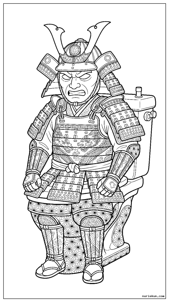 複雑なパターンを持つ詳細なサムライ アーマーを着たスキビディ トイレのキャラクター