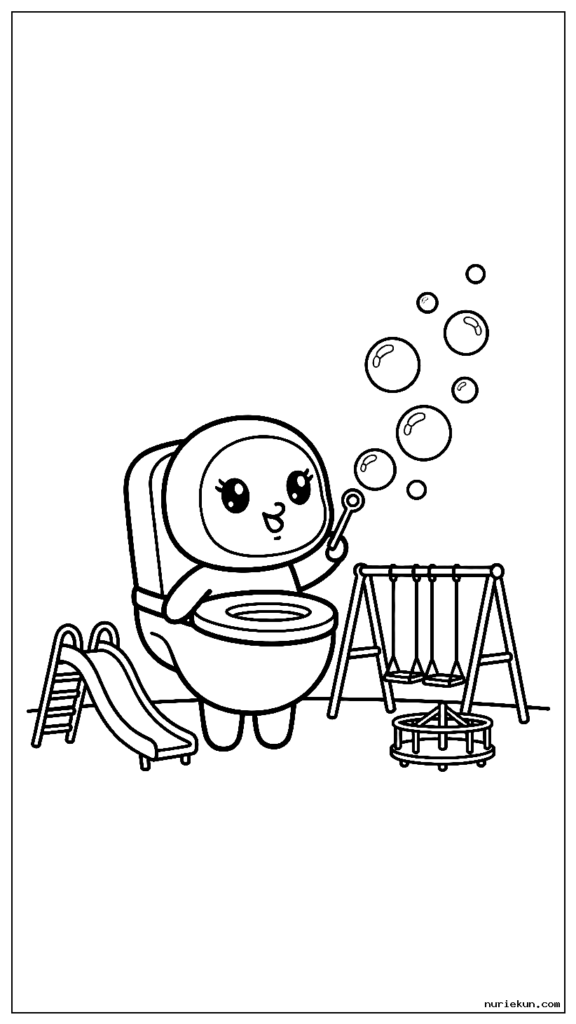 遊び場で泡を吹くかわいいちびスキビディ トイレ キャラクター