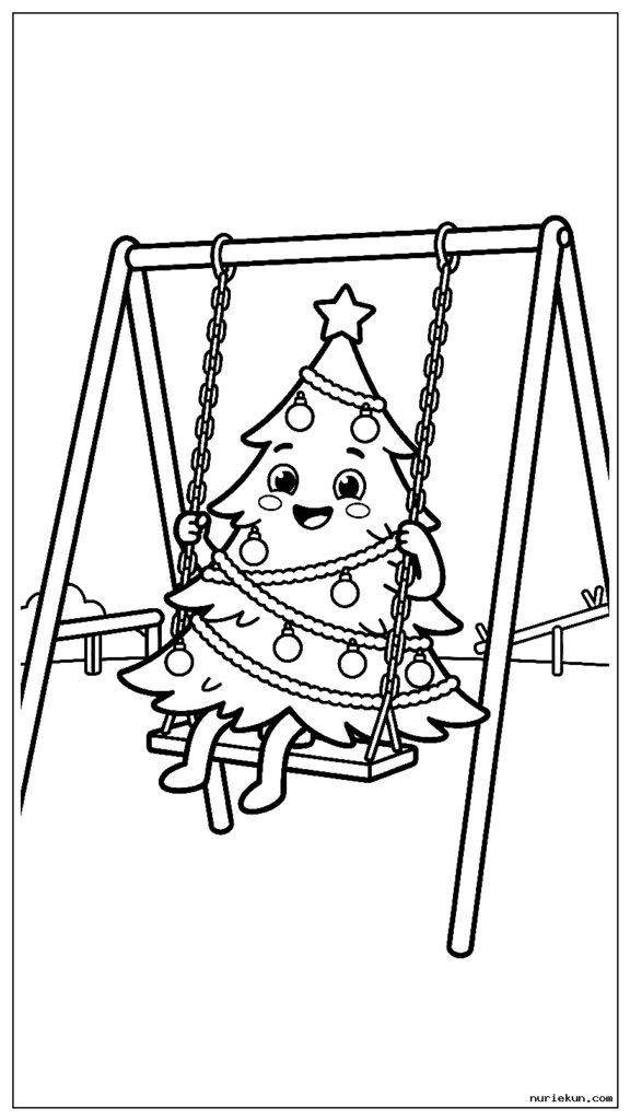 遊び場に設置されたブランコに乗った遊び心のあるクリスマスツリー
