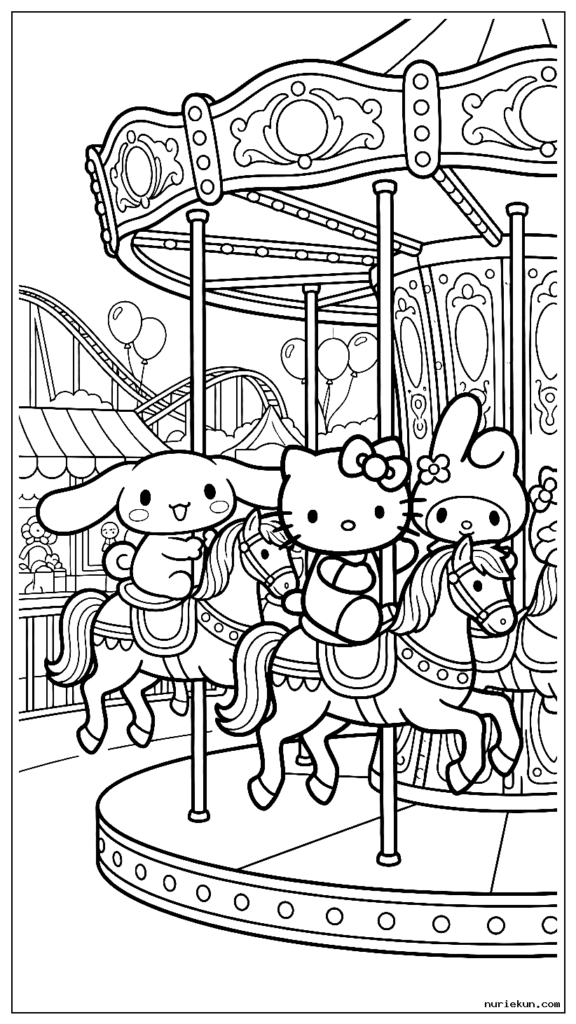 遊園地のメリーゴーランドに乗るシナモロールと仲間たち（ハローキティとマイメロディ）