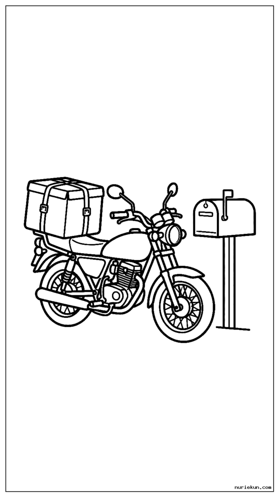 郵便袋にいっぱいの郵便配達バイクが郵便受けに停止