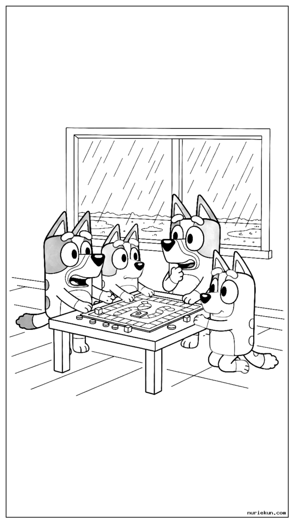 雨の日にボードゲームをするブルーイと家族
