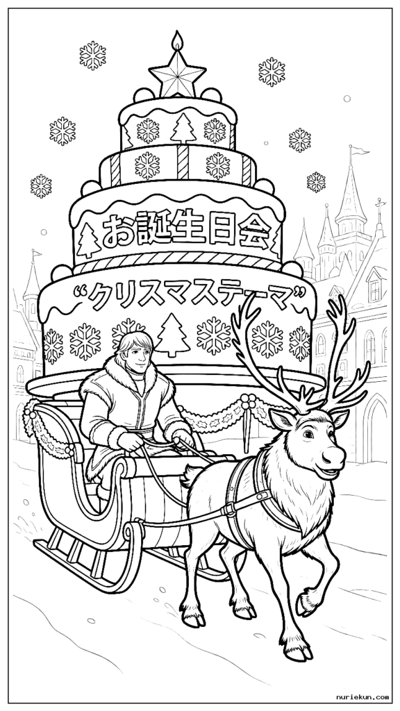 雪のアレンデールをそりに乗ってクリスマスをテーマにした巨大な誕生日ケーキを届けるクリストフとスヴェン