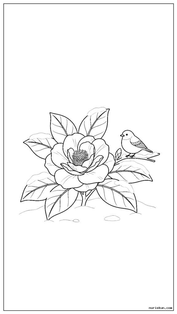 雪の中に咲く椿の花と近くに止まっている小鳥