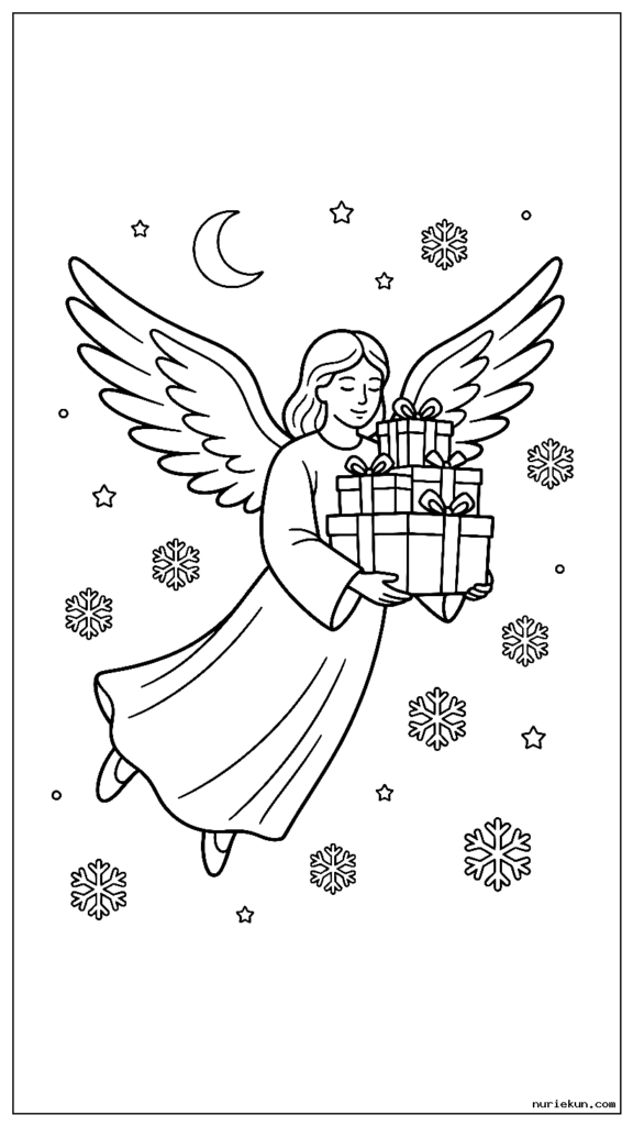 雪の夜空を飛びながらプレゼントを運ぶクリスマスの天使