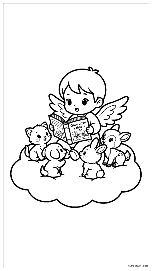 雲の上の動物の赤ちゃんに絵本を読むかわいいちび天使