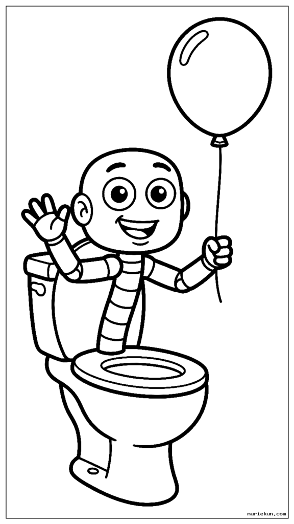 風船を持ちながらフレンドリーに手を振るスキビディ・トイレのキャラクター