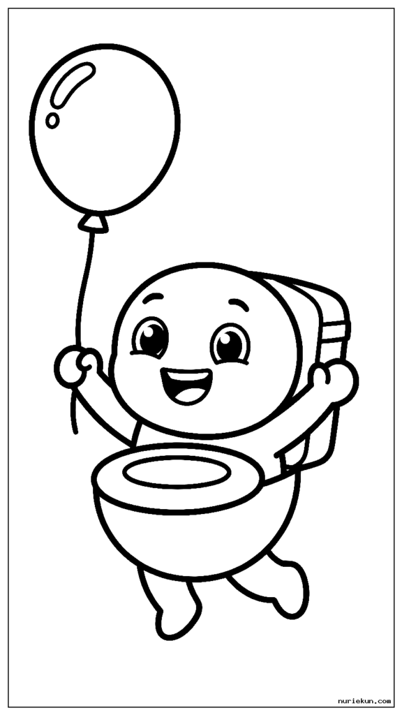 風船を持って喜んでジャンプするかわいいスキビディ トイレのキャラクター