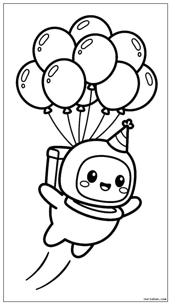 風船を持って飛んでパーティーハットをかぶったかわいいちびスキビディトイレのキャラクター