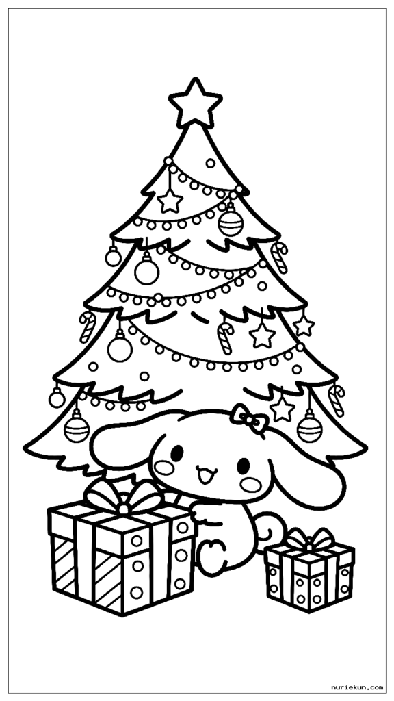 飾られたツリーの下でクリスマスプレゼントを開けるシナモロール