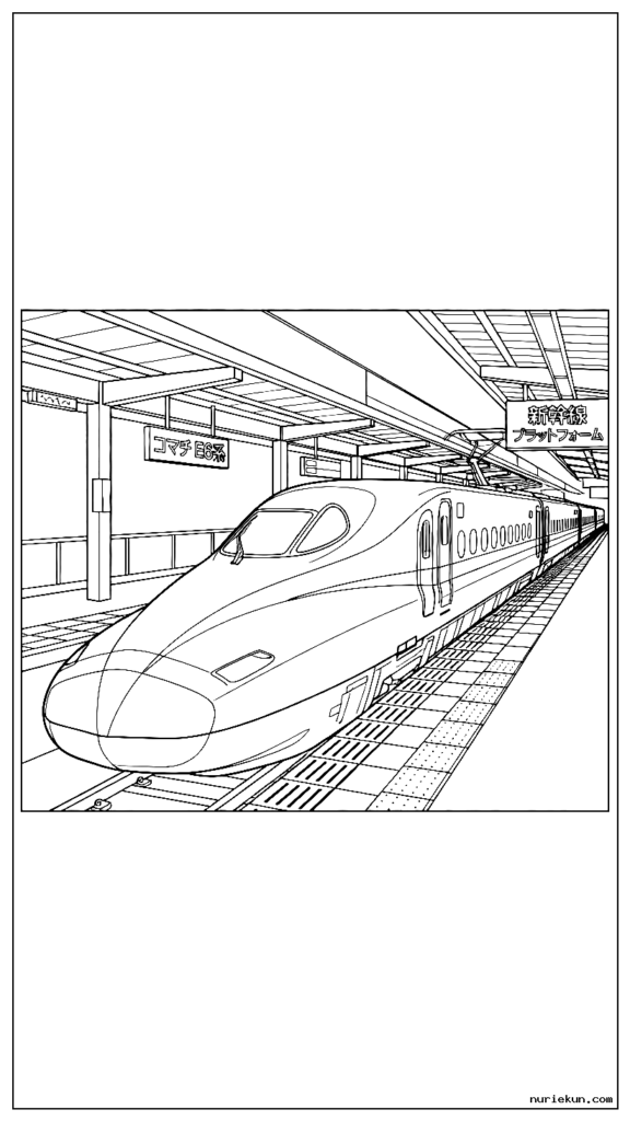 駅ホームのあるE6系新幹線こまちの詳細側面図