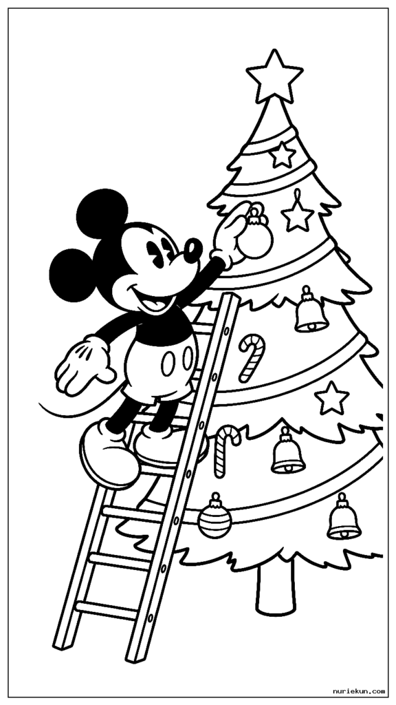 高いクリスマスツリーにクリスマスオーナメントを吊るしたはしごの上に立つミッキーマウス