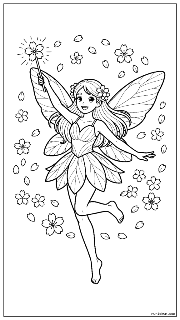 魔法の杖を持ちながら花びらと踊る陽気な桜の妖精