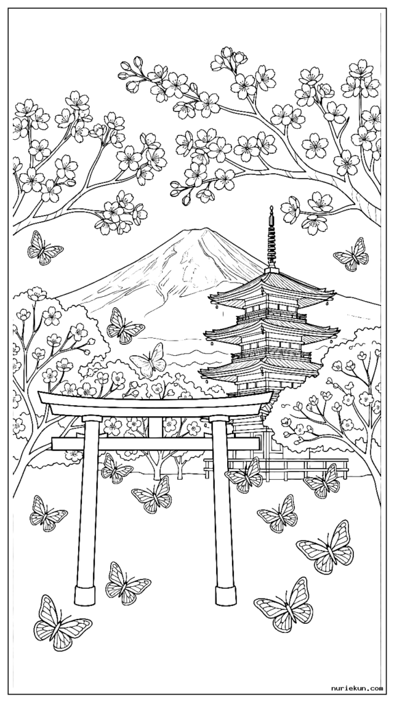 鳥居と塔の近くに蝶がいる伝統的な日本の桜の風景