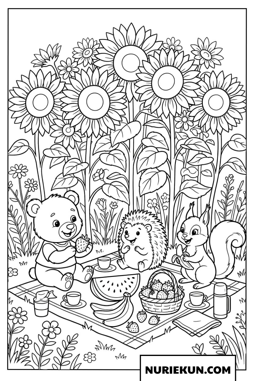 ひまわりの下でスイカを楽しむ動物たちのピクニック 塗り絵