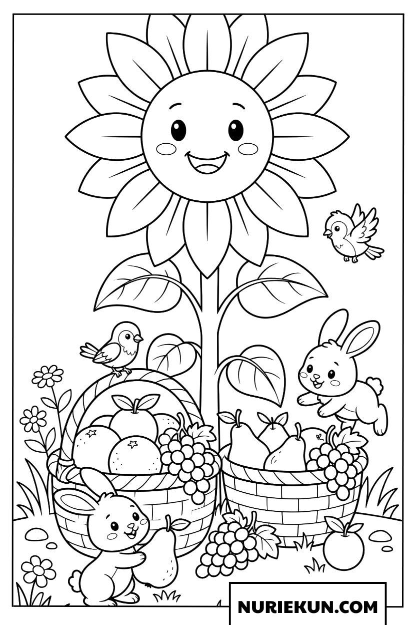 ひまわりの花とウサギの夏の果物カゴ 塗り絵