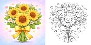 ひまわりの花束 塗り絵 ft