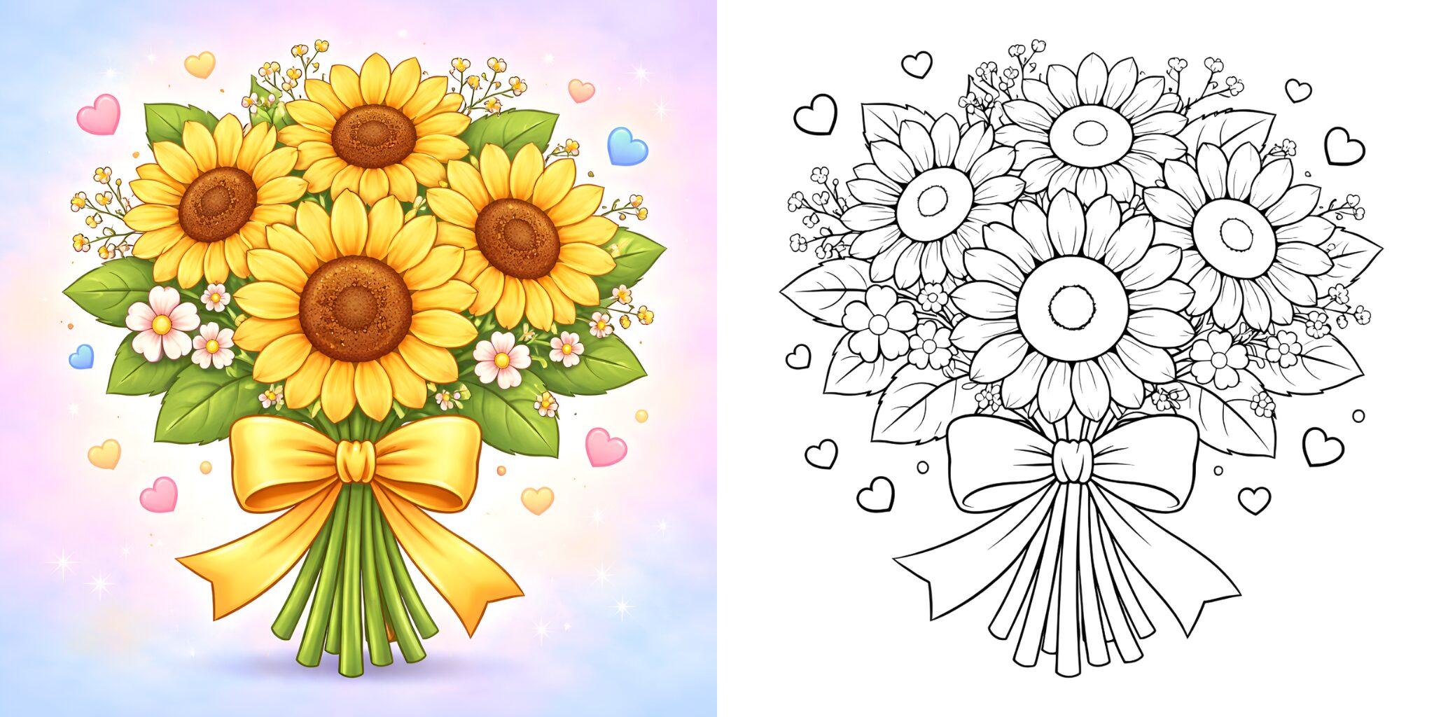 ひまわりの花束 塗り絵 ft