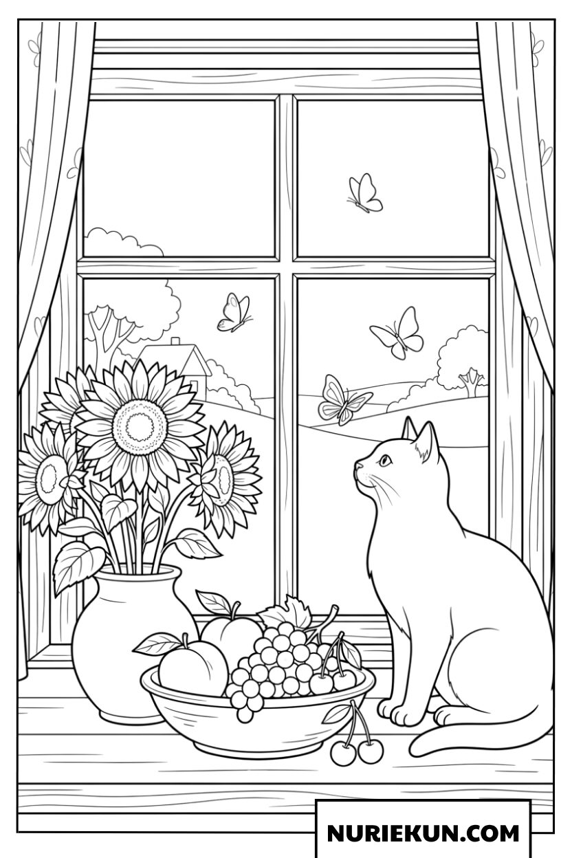 ひまわりの花瓶と夏の果物鉢のそばにいる穏やかな猫の 塗り絵