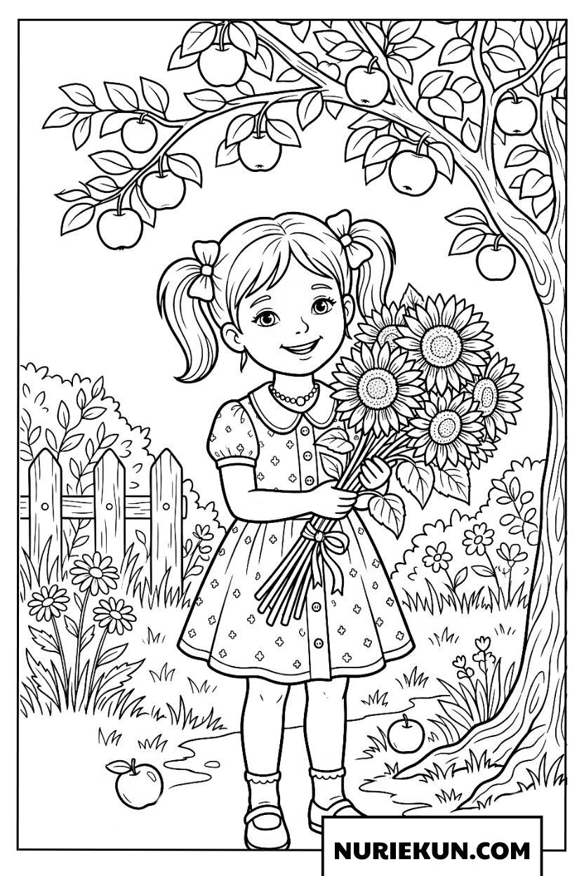 りんごの木の下でひまわりの花束を抱えて微笑む女の子の 塗り絵