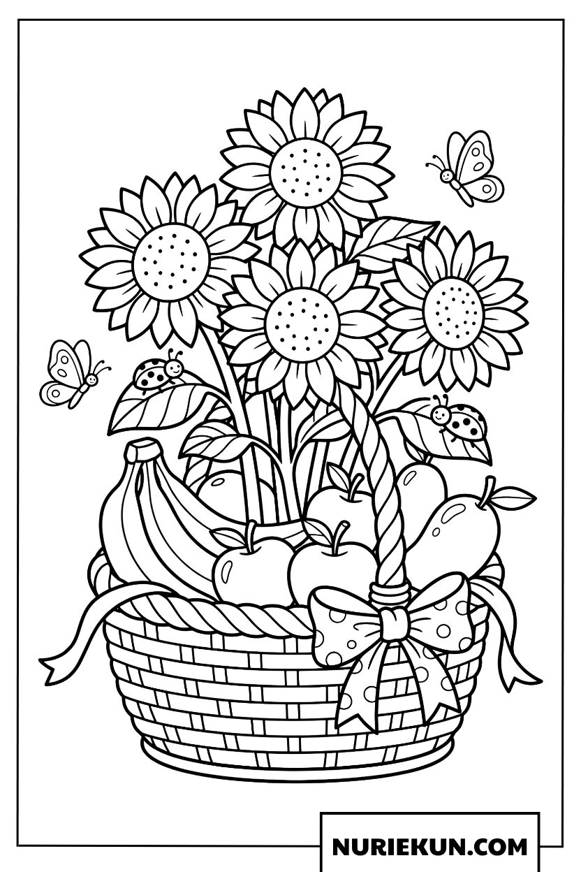 リボンで飾られたひまわりと果物のギフトバスケット 塗り絵