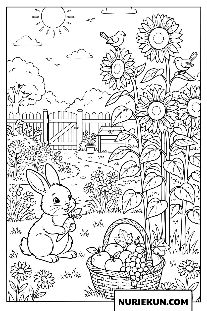 果物カゴと背の高いひまわりのそばで人参を持つ子ウサギの 塗り絵