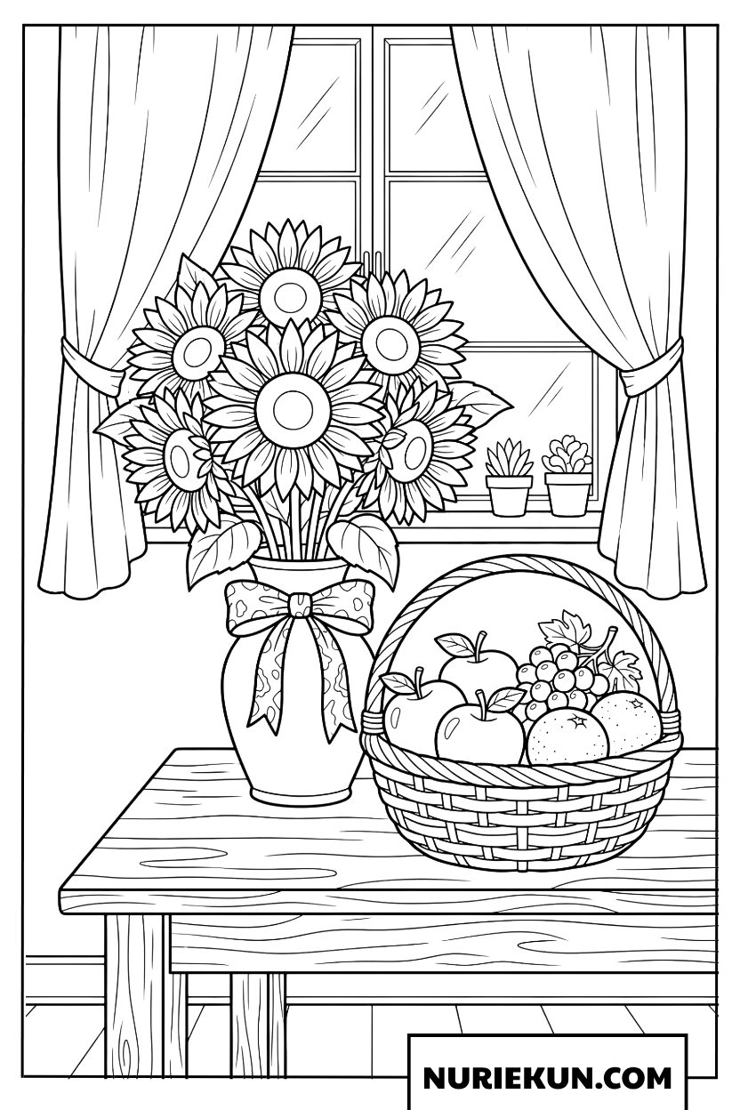 窓辺にあるひまわりの花瓶と夏の果物カゴの 塗り絵