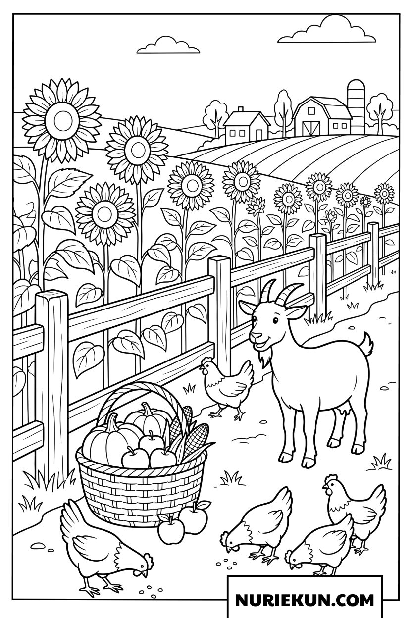 農場の柵とひまわり畑のそばにいる子ヤギの 塗り絵